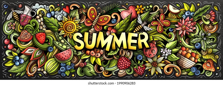 Summer nature hand drawn cartoon doodle illustration. Funny seasonal design. Creative art vector background. Handwritten text with summertime elements and objects. Colorful chalkboard composition