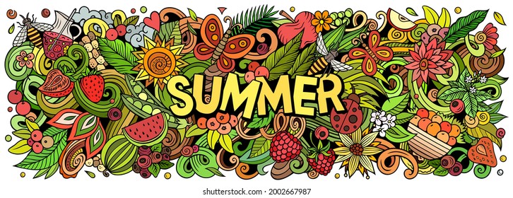 Summer nature hand drawn cartoon doodle illustration. Funny seasonal design. Creative art vector background. Handwritten text with summertime elements and objects. Colorful composition