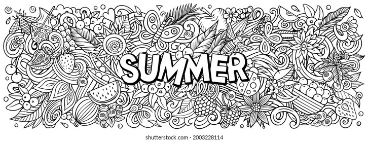 Summer nature hand drawn cartoon doodle illustration. Funny seasonal design. Creative art vector background. Handwritten text with summertime elements and objects. Sketchy composition