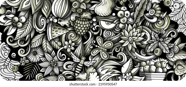 Summer nature hand drawn cartoon doodles illustration. Seasonal funny objects and elements banner design. Monochrome vector background
