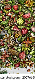 Summer nature hand drawn doodle banner. Cartoon vector detailed flyer. Illustration with summertime objects and symbols. Colorful vertical background