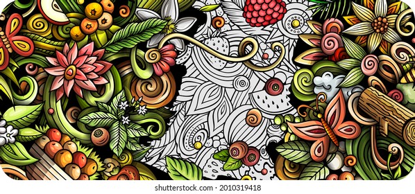 Summer nature hand drawn doodle banner. Cartoon vector detailed flyer. Illustration with summertime objects and symbols. Colorful horizontal background