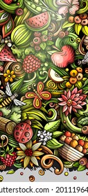 Summer nature hand drawn doodle banner. Cartoon vector detailed flyer. Illustration with summertime objects and symbols. Colorful vertical background