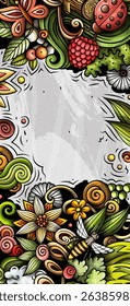 Summer nature hand drawn doodle banner. Cartoon vector detailed flyer. Illustration with summertime objects and symbols. Colorful background