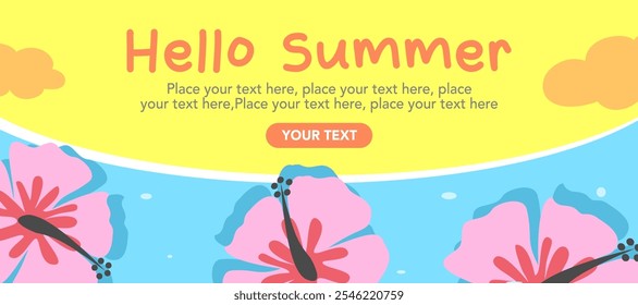 Sommer Natur horizontale Banner, Poster, Abdeckung, Kartenset mit Meerblick, sonniger Strand, tropische Blumen, Pflanzen, Schwimmer und Typografie-Design. Saisonale Feiertage, Urlaubsreisen, Vektorgrafiken.