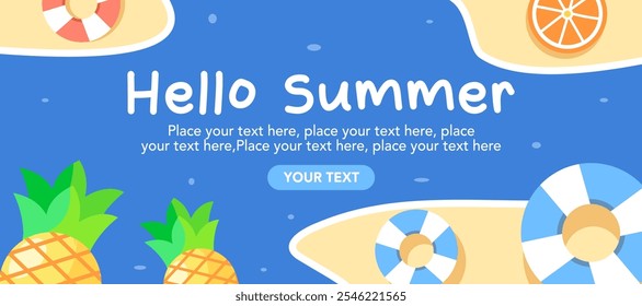 Sommer Natur horizontale Banner, Poster, Abdeckung, Kartenset mit Meerblick, sonniger Strand, Ananas, Obstscheiben, Schwimmer und Typografie-Design. Saisonale Feiertage, Urlaubsreisen, Vektorgrafiken.