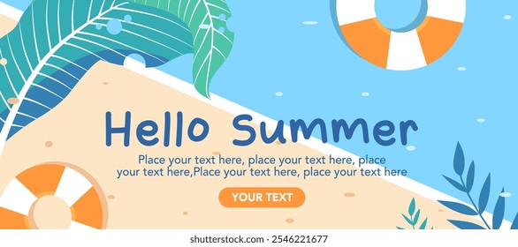 Sommer Natur horizontale Banner, Poster, Abdeckung, Kartenset mit Meerblick, sonniger Strand, tropische Blätter, Pflanzen, Schwimmer und Typografie-Design. Saisonale Feiertage, Urlaubsreisen, Vektorgrafiken.