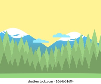 Summer nature landscape background with forest and snowy mountains and clouds. Coniferous trees silhouettes. Vector illustration.