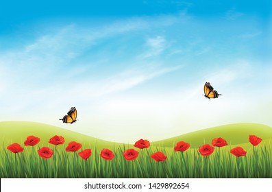 Summer nature landscape background with red poppies and blue sky. Vector.