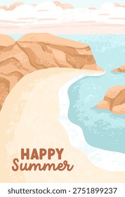 Summer nature landscape card. Empty beach, sea coast and sand. Holiday travel poster with ocean water, sandy shore, seacoast, sky. Peaceful seaside place, postcard design. Flat vector illustration