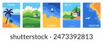 Summer nature landscape card or poster, big set with sunny beach view, sand, sea shore with blue wave and mountains, houses. Travel concept, holidays, vacation vector illustrations