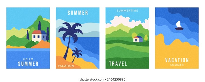 Summer nature landscape card or poster, set with sunny beach view, sand, sea shore with blue wave and mountains, houses. Travel concept, holidays, vacation vector illustrations