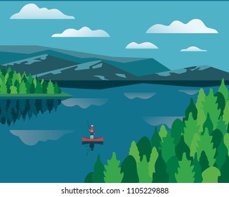 Summer nature landscape. Colorful cartoon retro style. Vacation season leisure banner background. Fisherman on calm river water. Green Alps mountain valley, lake view. Outdoors vector Illustration