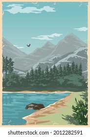 Summer nature landscape colorful template in vintage style with coast of lake flying bird forest and mountains vector illustration