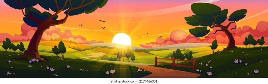 Summer nature landscape with country road and agriculture fields at sunset. Vector cartoon illustration of rural countryside of farmland with wooden fence, road and trees in yellow sun beams