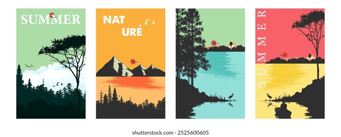 Summer nature landscape cover poster collection art aesthetic colorful seasonal portrait poster banner flat vector design