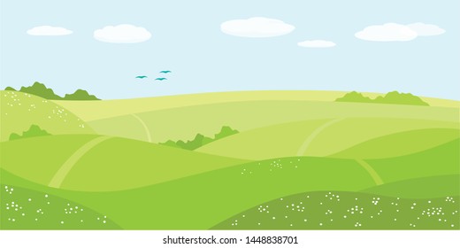 Summer nature, landscape. Field, green hills, blue sky with clouds, meadow with flowers. Vector illustration