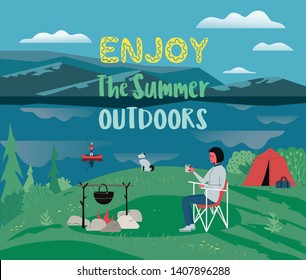 Summer nature landscape flat color vector. Vacation season outdoor leisure cartoon background. Fisherman on calm river water. Camping on green hill. Mountain valley lake view. Outdoors Illustration