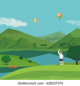 Summer nature landscape. Freehand drawn cartoon style. Boy with kite in green mountain valley on blue lake among hills. Leisure season banner background. Outdoors vector Illustration. Country scene.