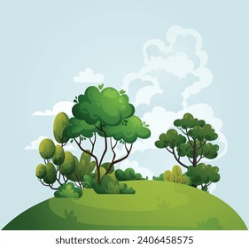 Summer nature landscape with hills, green trees, bushes, grass, meadow. Spring landscape with blue sky, clouds, forest, park, shrubs, trees in cartoon style. Woodland background vector illustration.