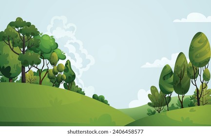 Summer nature landscape with hills, green trees, bushes, grass, meadow. Spring landscape with blue sky, clouds, forest, park, shrubs, trees in cartoon style. Woodland background vector illustration.