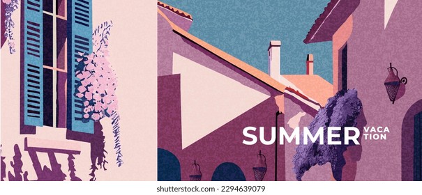 Summer nature landscape horizontal poster, cover, card with summer town, street, houses and typography design. Summer holidays, vacation travel in Europe illustration.