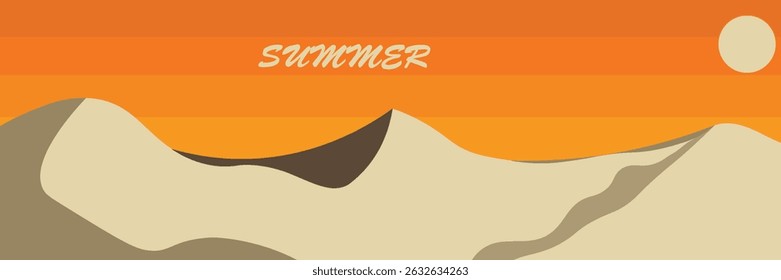 Summer nature landscape horizontal poster, web banner, cover, card with fields, lake, mountains in the distance and typography design. Summer vacation illustration,