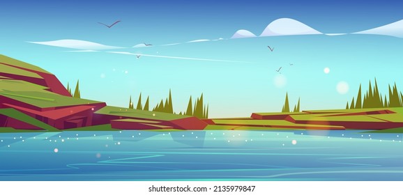 Summer nature landscape with lake, green grass on rocks and conifers trees. Scenery pond with blue clear water and spruces under blue sky with clouds and flying birds, Cartoon vector background