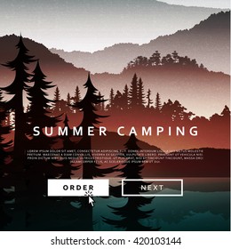 Summer Nature and landscape mountain  forest and lake. Advertising background travel and camping.  National Park. vector illustration