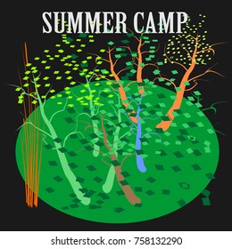 Summer Nature and landscape mountain forest. Advertising background travel and camping. Vector icon