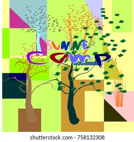 Summer Nature and landscape mountain forest. Advertising background travel and camping. Vector icon