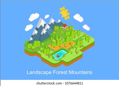 Summer nature landscape with mountains, trees, lake, sun and clouds vector Illustration