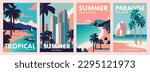 Summer nature landscape poster, cover, card set with sea view, sunny beach, mountains, city with skyscrapers and typography design. Summer holidays, vacation travel in South east Asia illustrations.