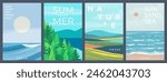 Summer nature landscape poster, cover, card set with sea view, sunny beach, mountains, forest, lake and fields and typography design. Summer holidays, vacation travel illustrations.