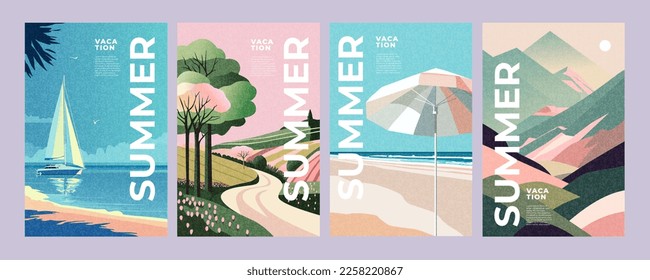 Summer nature landscape poster, cover, card set with sea view, sunny beach, mountains, fields and typography design. Summer holidays, vacation travel in Europe illustrations. - Shutterstock ID 2258220867