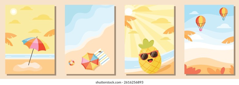 Summer nature landscape poster, cover, card set with sea view, sunny beach, Parachute, fields and adventure  design. Summer holidays, vacation travel  illustrations.