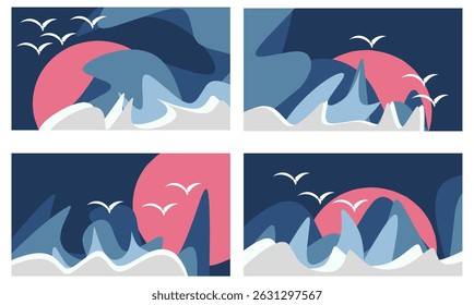 Summer nature landscape poster, cover, card set with sea view, sunny beach, mountains, fields and typography design. Summer holidays, vacation travel in Europe illustrations.