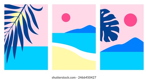 Summer nature landscape poster. Set of isolated cards with sea view, sunny beach, mountains and tropical leaves. Vector illustration in minimalist flat style