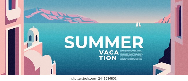 Summer nature landscape poster, web banner, cover, card with summer town, sea view, yacht and mountains in the distance and typography design. Summer holidays, vacation travel in Europe illustration.