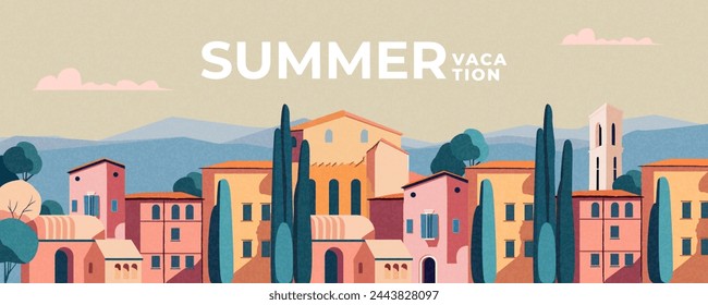 Summer nature landscape poster, web banner, cover, card with old summer town, mountains in the distance, clear sky and typography design. Summer holidays, vacation travel in Europe illustration.