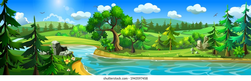 Summer nature landscape with a river passing through fields and forests. Large panorama. 