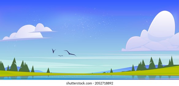 Summer nature landscape, scenery valley with lake, mountains, green field and conifers trees. Pond and spruces under blue sky with fluffy clouds and flying birds, cartoon parallax vector background