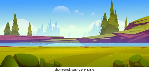 Summer Nature Landscape, Scenery Valley With Lake, Rocks, Green Field With Lush Grass And Conifers Trees. Pond And Spruces Under Blue Sky, Natural Park, Cartoon Parallax Background Vector Illustration