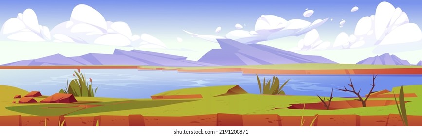 Summer nature landscape, scenery valley with lake, rocks, green field with lush grass and plants. Clear pond under blue sky, natural park, cartoon parallax background for game, Vector illustration