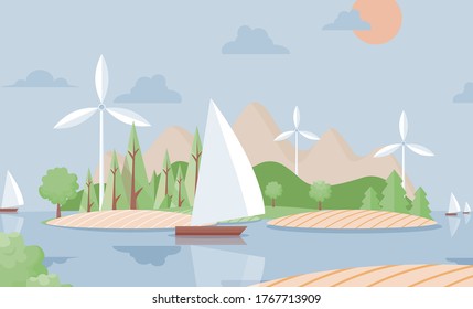 Summer nature landscape with ship, vector flat illustration. Travel, adventure background. Hills, sailing boats, forest, islands. Enjoy summer vacation, perfect holidays concept.
