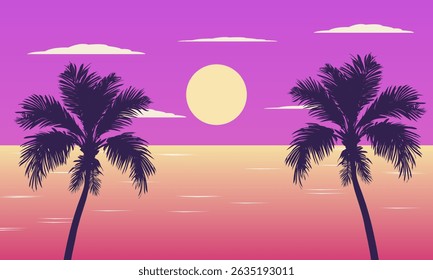Summer Nature Landscape, Silhouette of Coconut Trees and Sunset on the Sea in the Evening