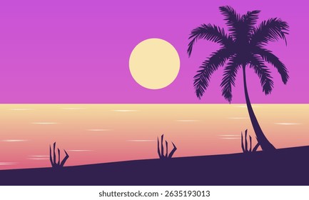 Summer Nature Landscape, Silhouette of Coconut Trees and Sunset on the Sea in the Evening