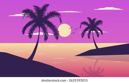 Summer Nature Landscape, Silhouette of Coconut Trees and Sunset on the Sea in the Evening