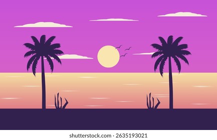 Summer Nature Landscape, Silhouette of Coconut Trees and Sunset on the Sea in the Evening