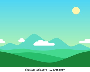 Summer nature landscape vector background in flat style. Green grass meadows and blue sky, with hills